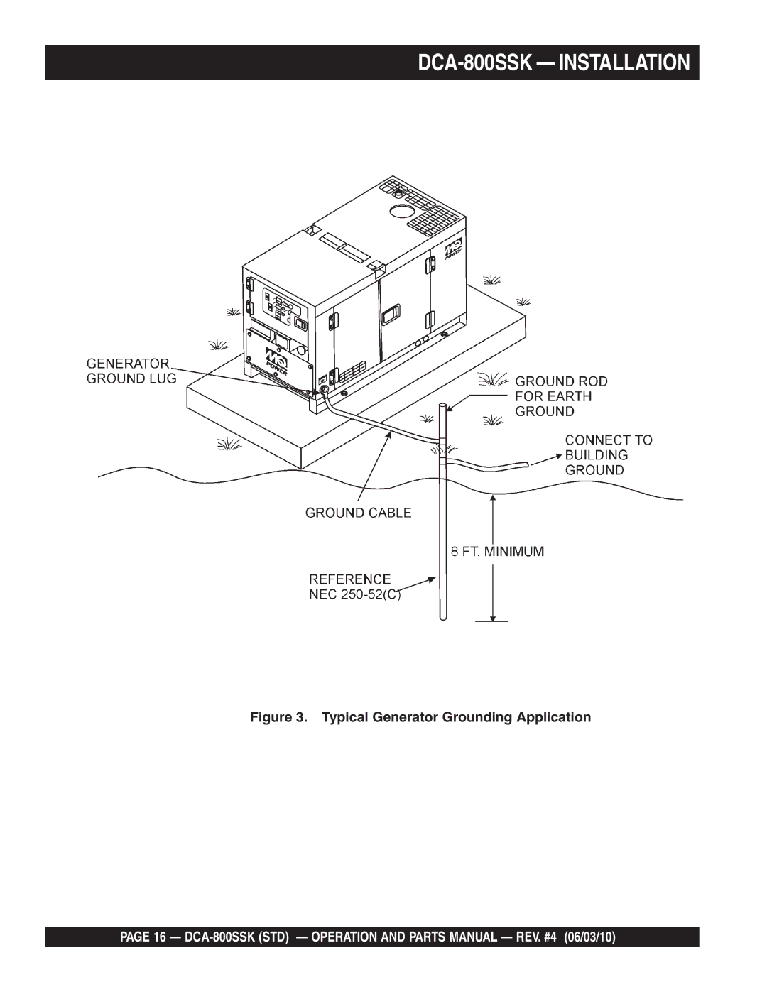 Multiquip operation manual DCA-800SSK Installation, Typical Generator Grounding Application 