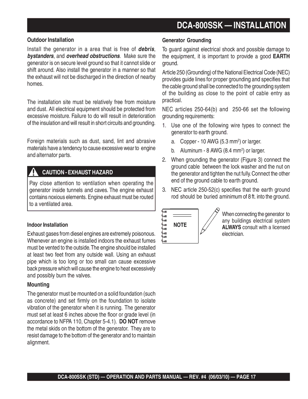 Multiquip operation manual DCA-800SSK Installation, Outdoor Installation, Mounting 