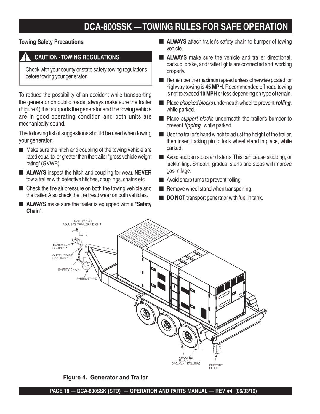 Multiquip operation manual DCA-800SSK -TOWING Rules for Safe Operation, Towing Safety Precautions 