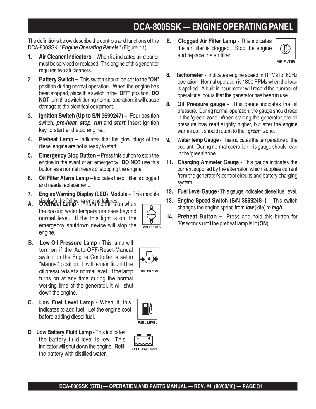 Multiquip operation manual DCA-800SSK Engine Operating Panel, Fuel Level Gauge -This gauge indicates diesel fuel level 