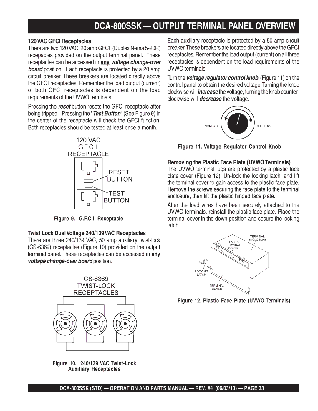 Multiquip operation manual DCA-800SSK Output Terminal Panel Overview, 120VAC Gfci Receptacles 