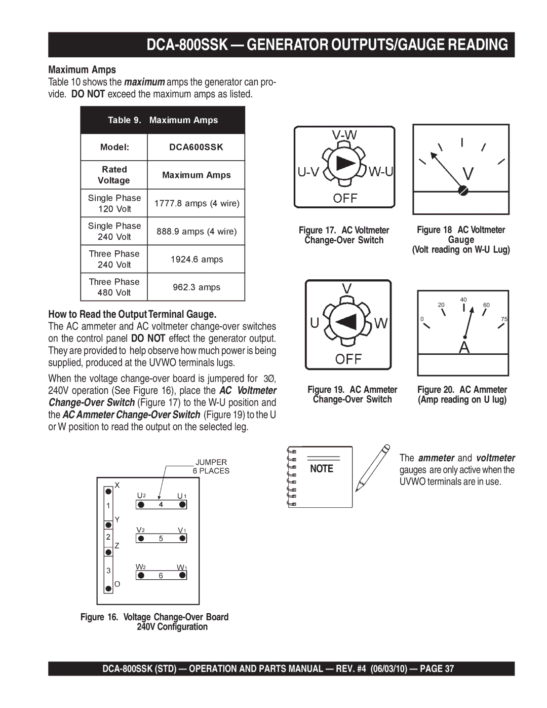 Multiquip DCA-800SSK Generator OUTPUTS/GAUGE Reading, Maximum Amps, How to Read the OutputTerminal Gauge 