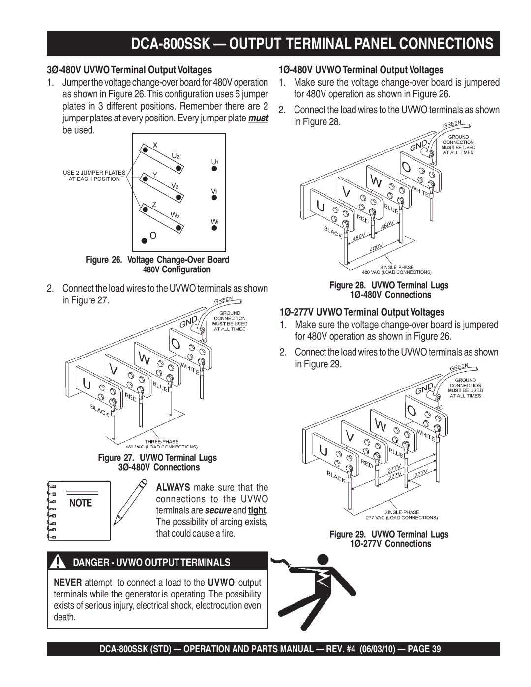 Multiquip operation manual DCA-800SSK Output Terminal Panel Connections, 3Ø-480V Uvwo Terminal Output Voltages 