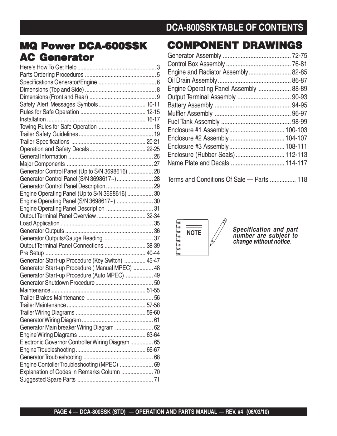 Multiquip operation manual DCA-800SSKTABLE of Contents 