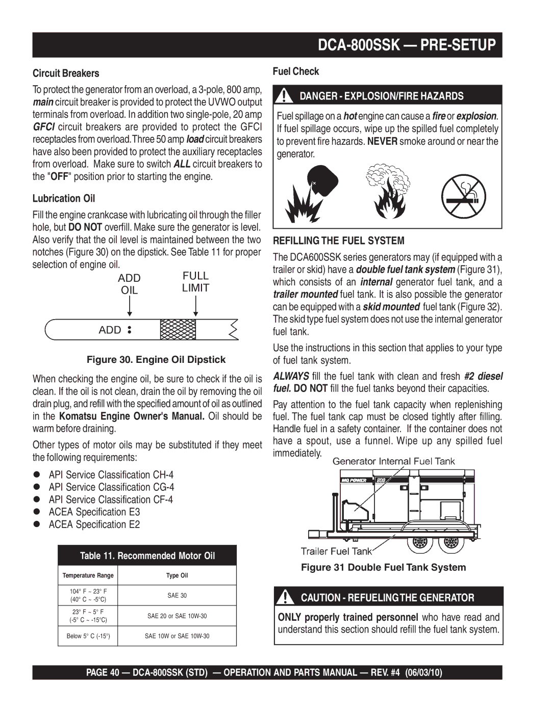 Multiquip operation manual DCA-800SSK PRE-SETUP, Circuit Breakers, Lubrication Oil, Fuel Check 