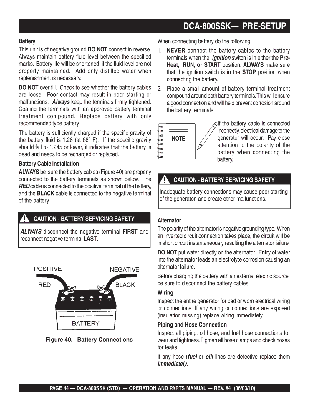 Multiquip DCA-800SSK operation manual Battery Cable Installation, Alternator, Wiring, Piping and Hose Connection 