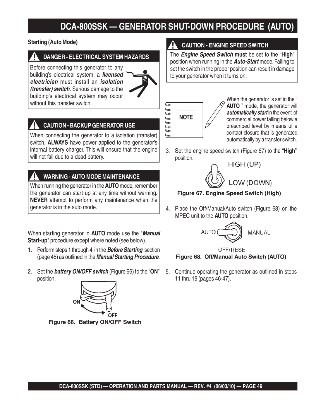 Multiquip operation manual DCA-800SSK Generator SHUT-DOWN Procedure Auto, Starting Auto Mode 