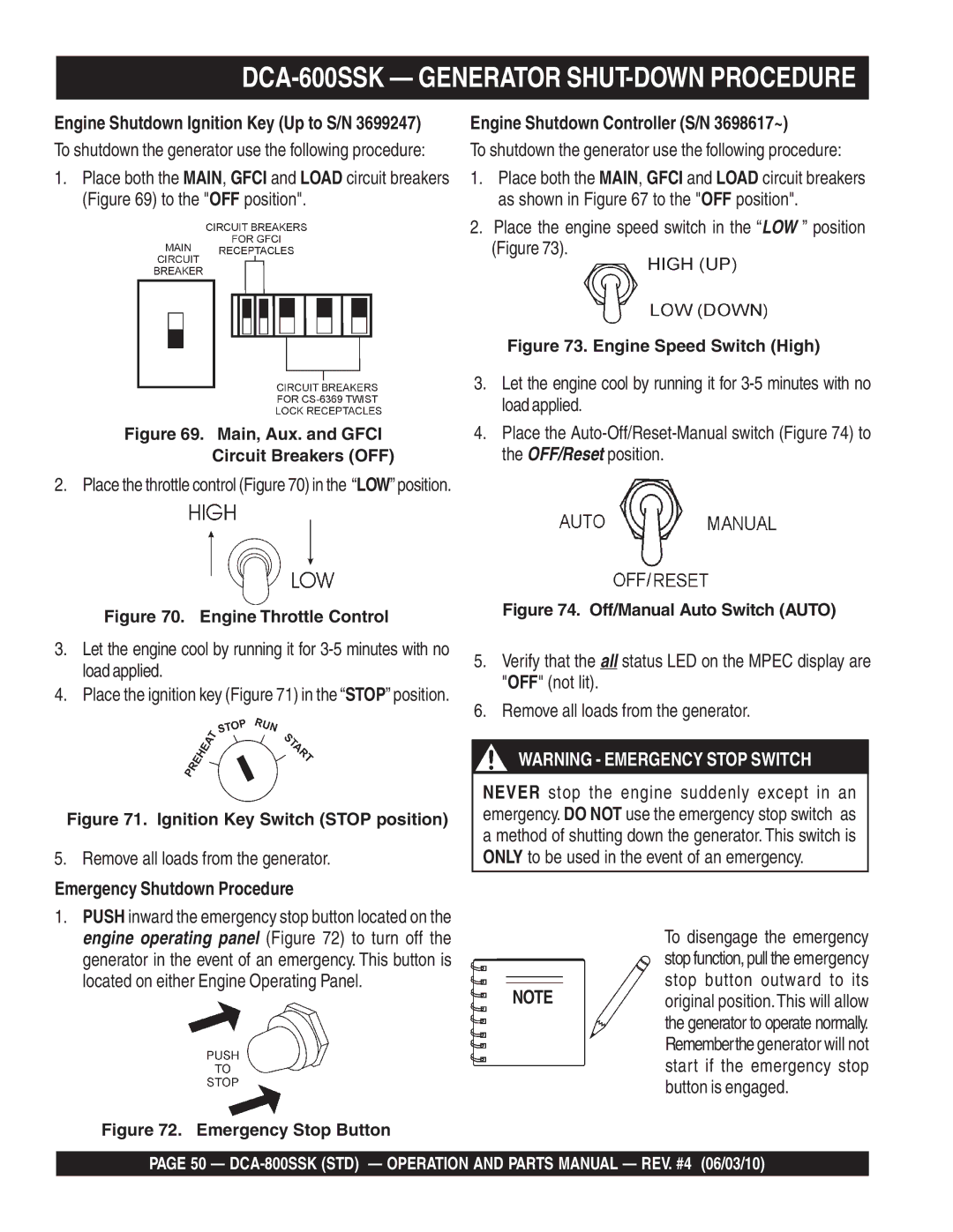 Multiquip DCA-800SSK operation manual DCA-600SSK Generator SHUT-DOWN Procedure, Engine Shutdown Controller S/N 3698617~ 