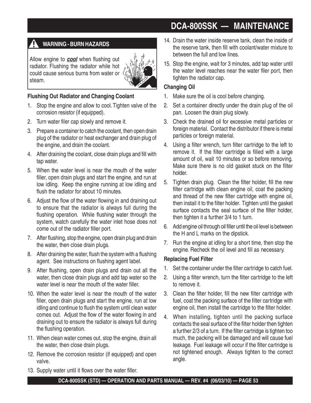 Multiquip DCA-800SSK operation manual Flushing Out Radiator and Changing Coolant, Changing Oil, Replacing Fuel Filter 