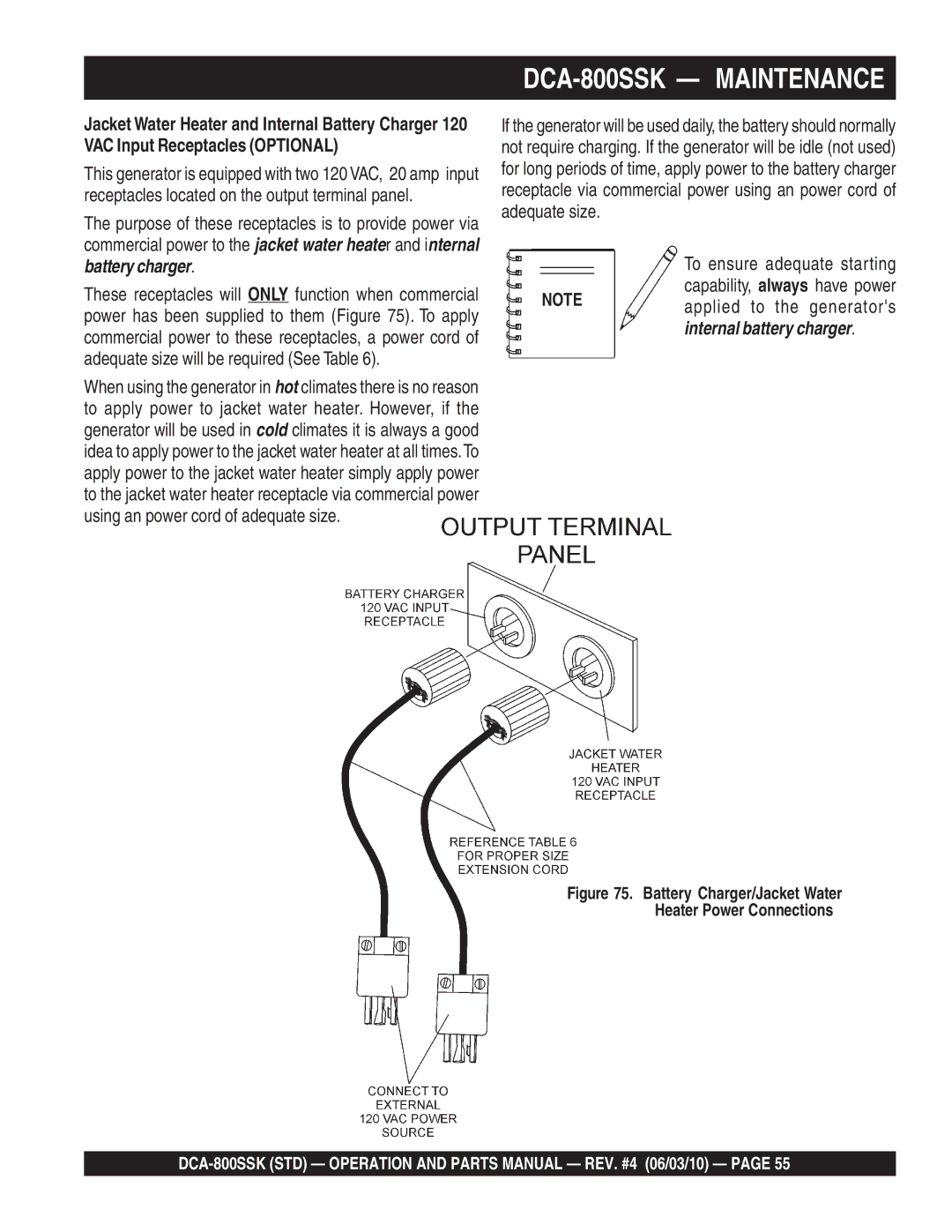 Multiquip DCA-800SSK operation manual Battery Charger/Jacket Water Heater Power Connections 