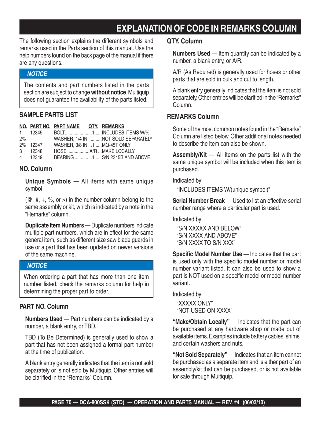 Multiquip DCA-800SSK operation manual Explanation of Code in Remarks Column, QTY. Column 