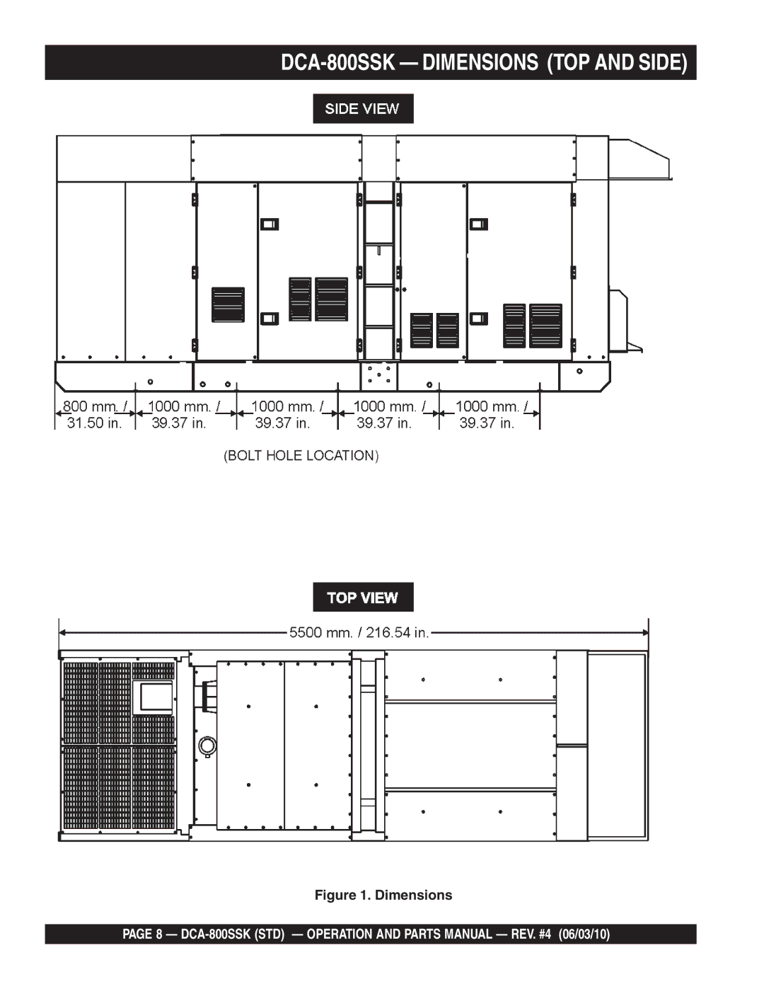 Multiquip operation manual DCA-800SSK Dimensions TOP and Side 