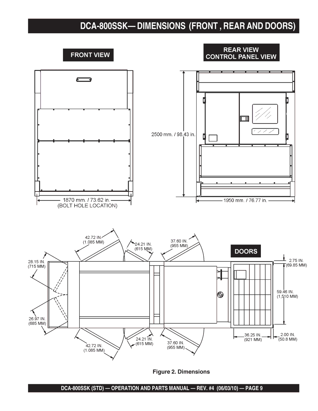 Multiquip operation manual DCA-800SSK- Dimensions Front , Rear and Doors 