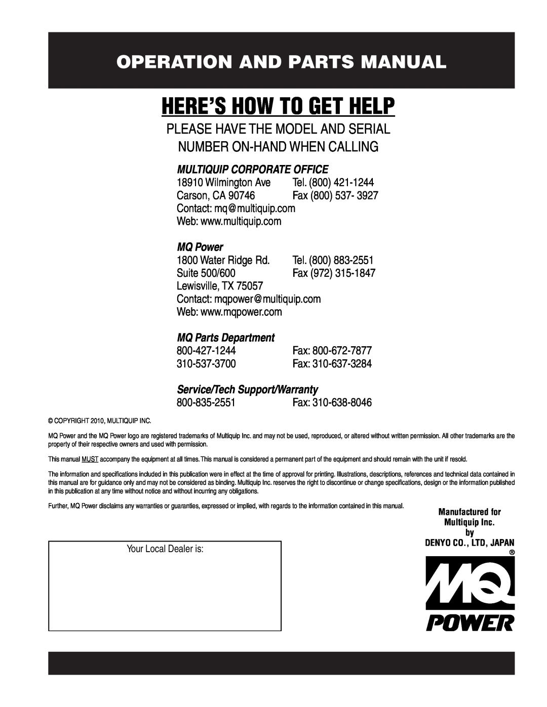 Multiquip DCA-800SSK Here’S How To Get Help, Operation And Parts Manual, Multiquip Corporate Office, Wilmington Ave, Tel 