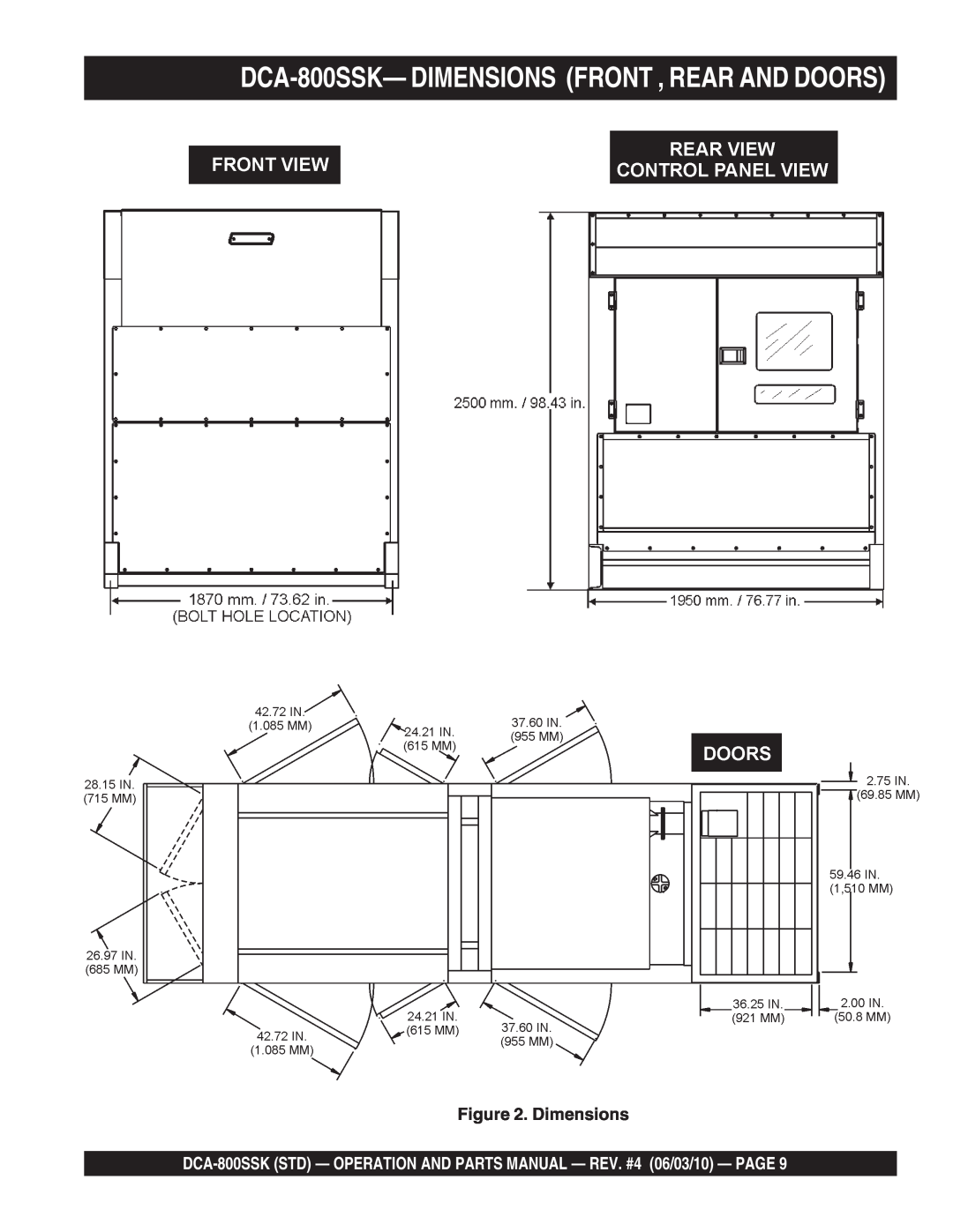 Multiquip operation manual DCA-800SSK- DIMENSIONS FRONT , REAR AND DOORS, Dimensions 