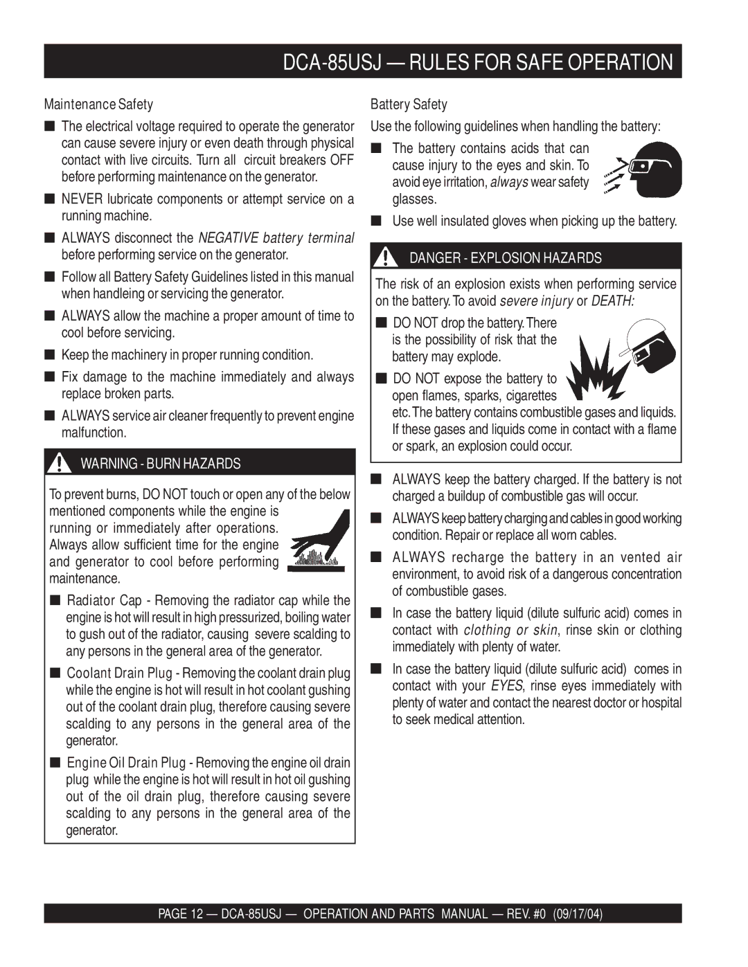 Multiquip DCA-85USJ operation manual Maintenance Safety, Battery Safety 