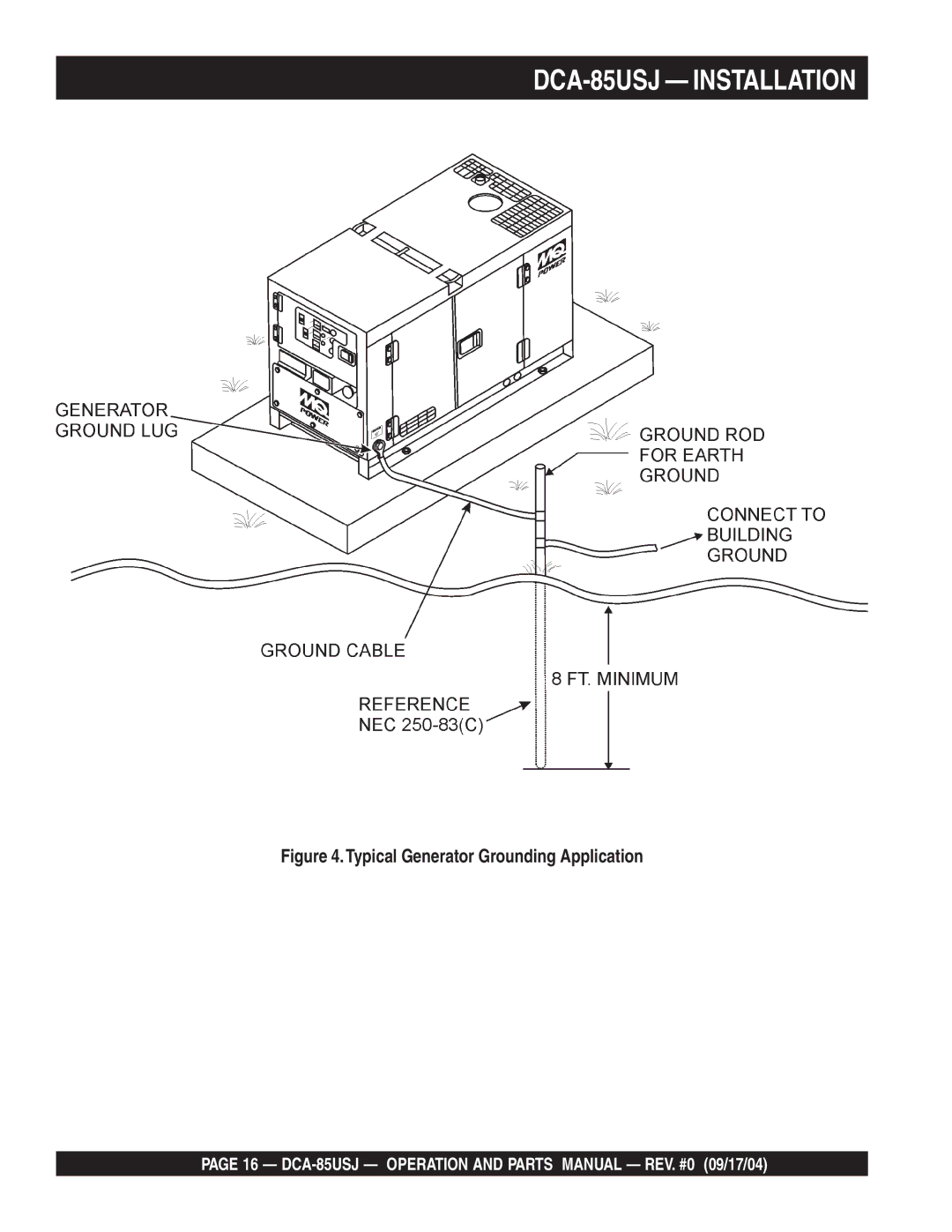 Multiquip operation manual DCA-85USJ Installation, Typical Generator Grounding Application 