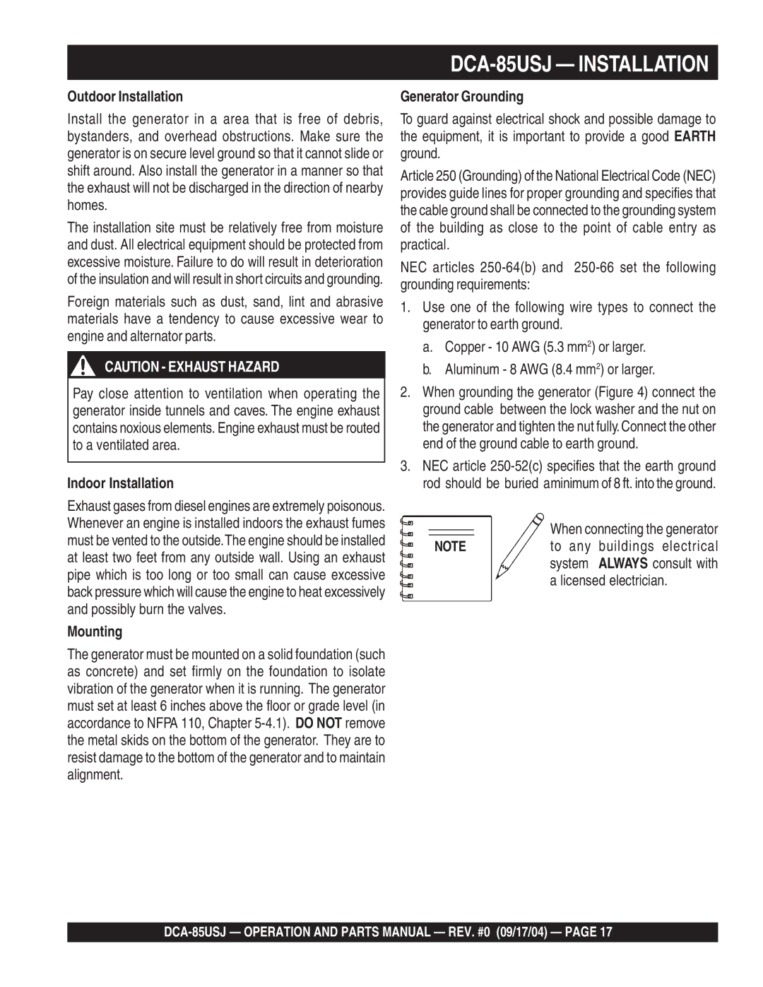 Multiquip DCA-85USJ operation manual Outdoor Installation, Indoor Installation, Mounting, When connecting the generator 