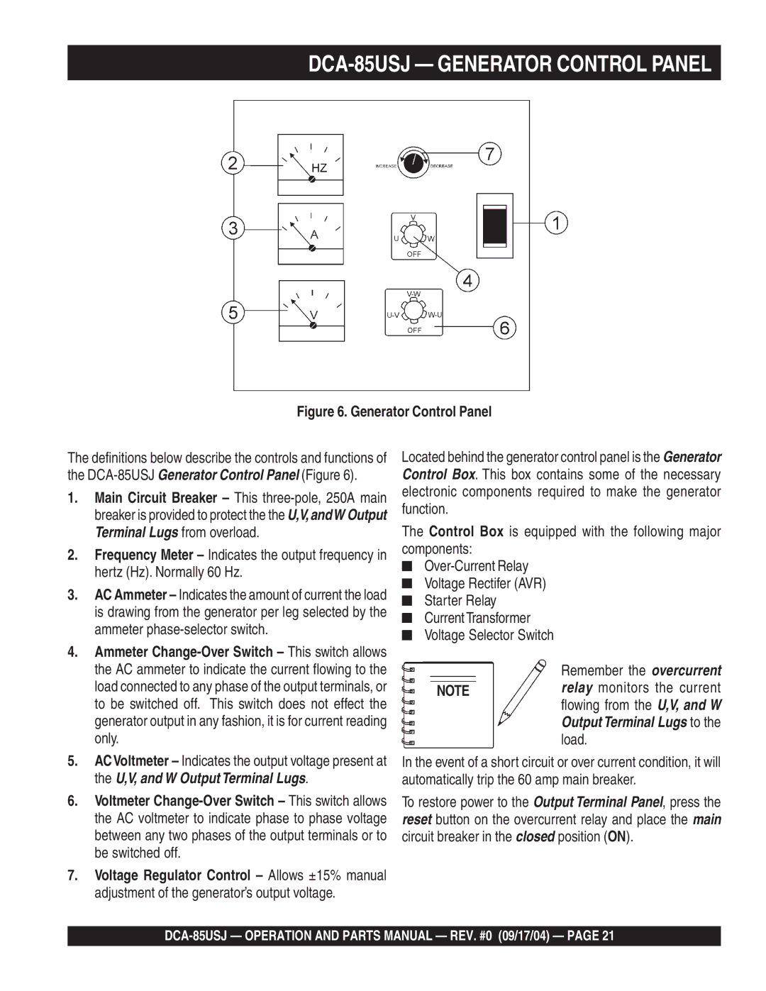 Multiquip DCA-85USJ Ammeter phase-selector switch, Only, Starter Relay Current Transformer, Be switched off 