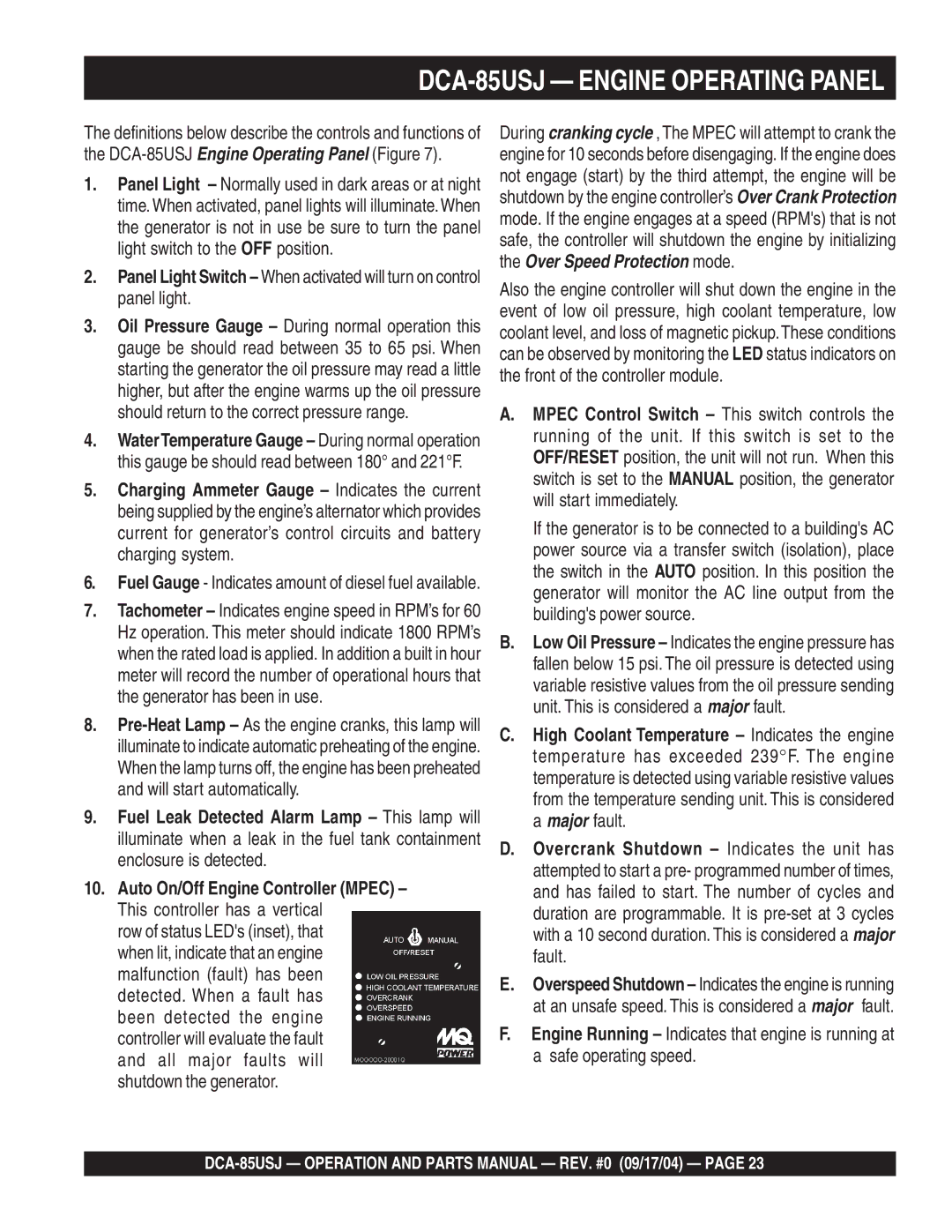 Multiquip operation manual DCA-85USJ Engine Operating Panel 