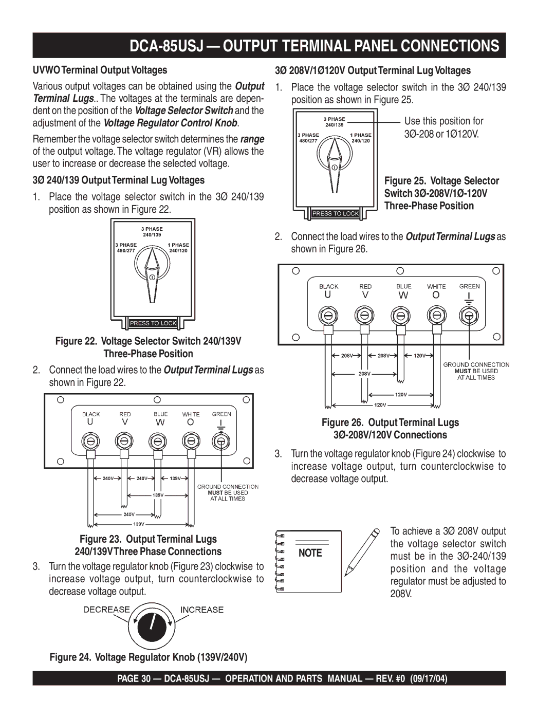 Multiquip DCA-85USJ Output Terminal Panel Connections, Uvwo Terminal Output Voltages, Three-Phase Position 