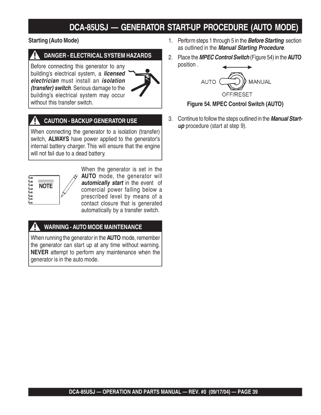 Multiquip DCA-85USJ operation manual Starting Auto Mode, Place the Mpec Control Switch in the Auto position 