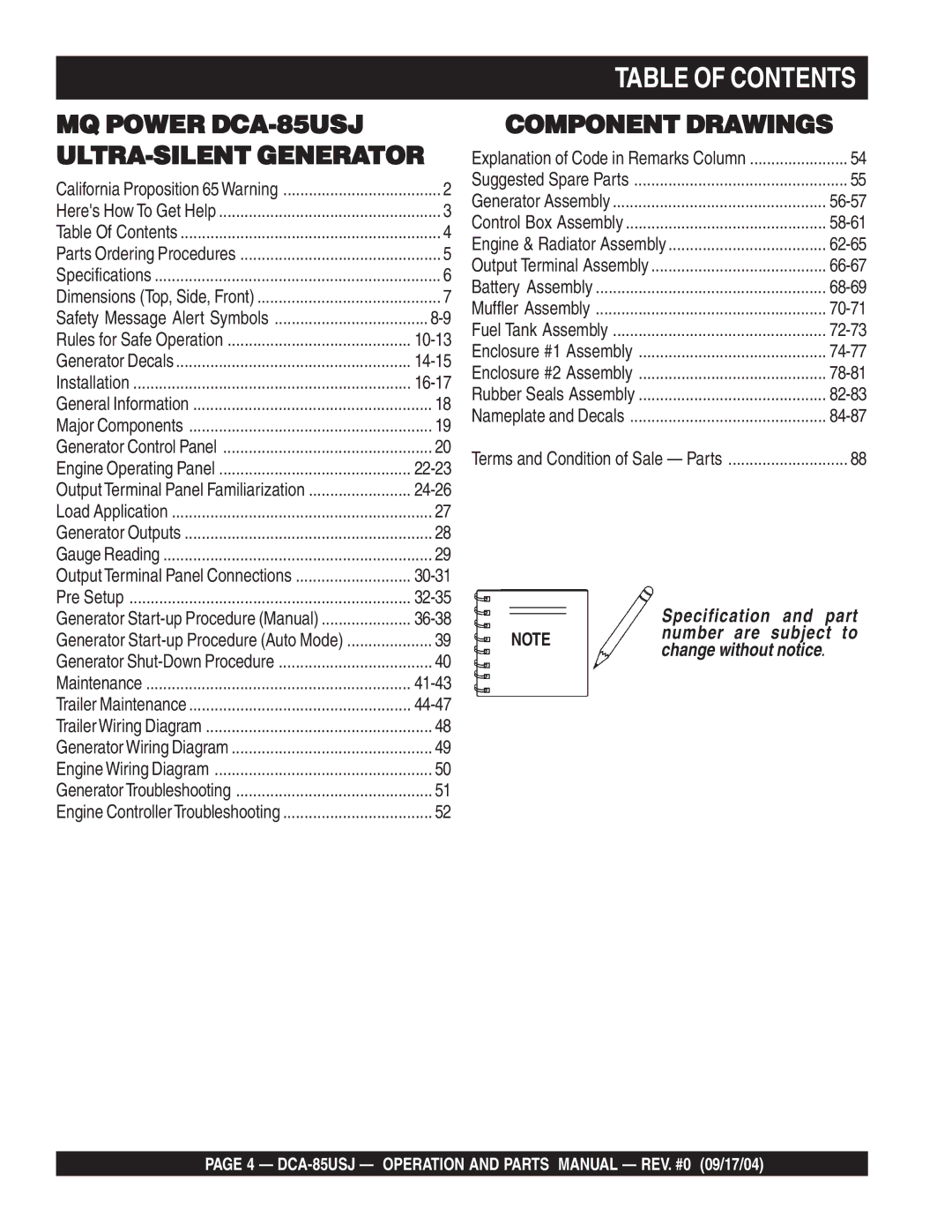 Multiquip DCA-85USJ operation manual Table of Contents 