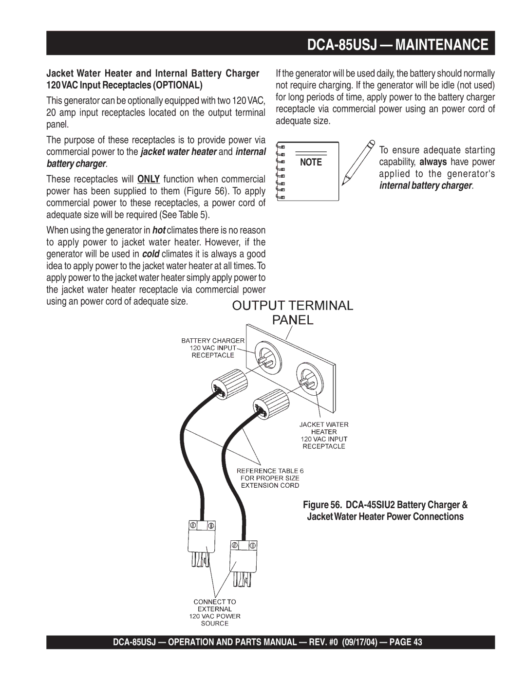 Multiquip DCA-85USJ operation manual Battery charger, To ensure adequate starting 