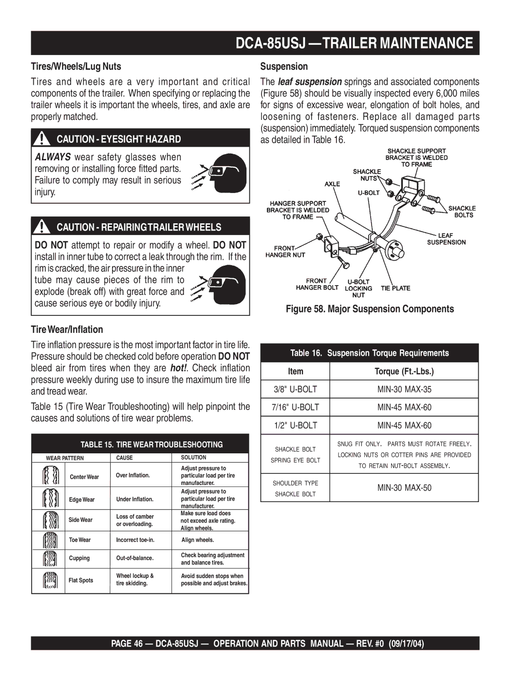 Multiquip DCA-85USJ operation manual Tires/Wheels/Lug Nuts, TireWear/Inflation, Suspension 