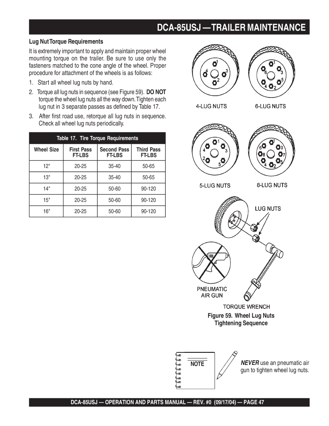 Multiquip DCA-85USJ operation manual Lug NutTorque Requirements, Start all wheel lug nuts by hand 