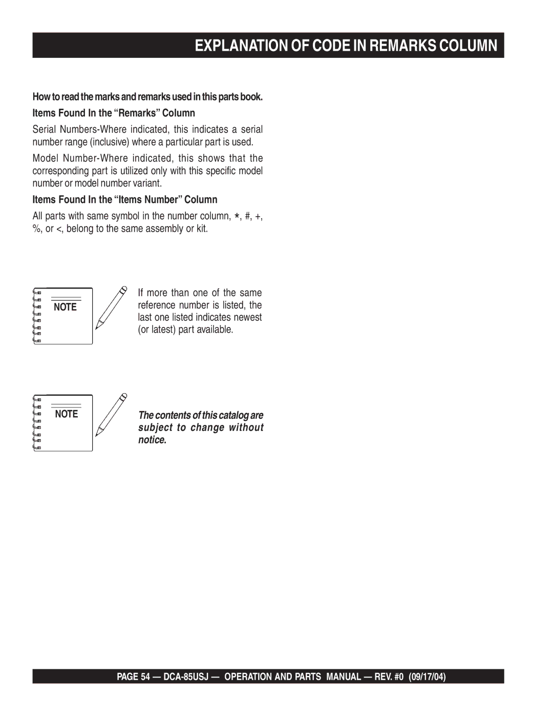 Multiquip DCA-85USJ operation manual Explanation of Code in Remarks Column, Items Found In the Items Number Column 