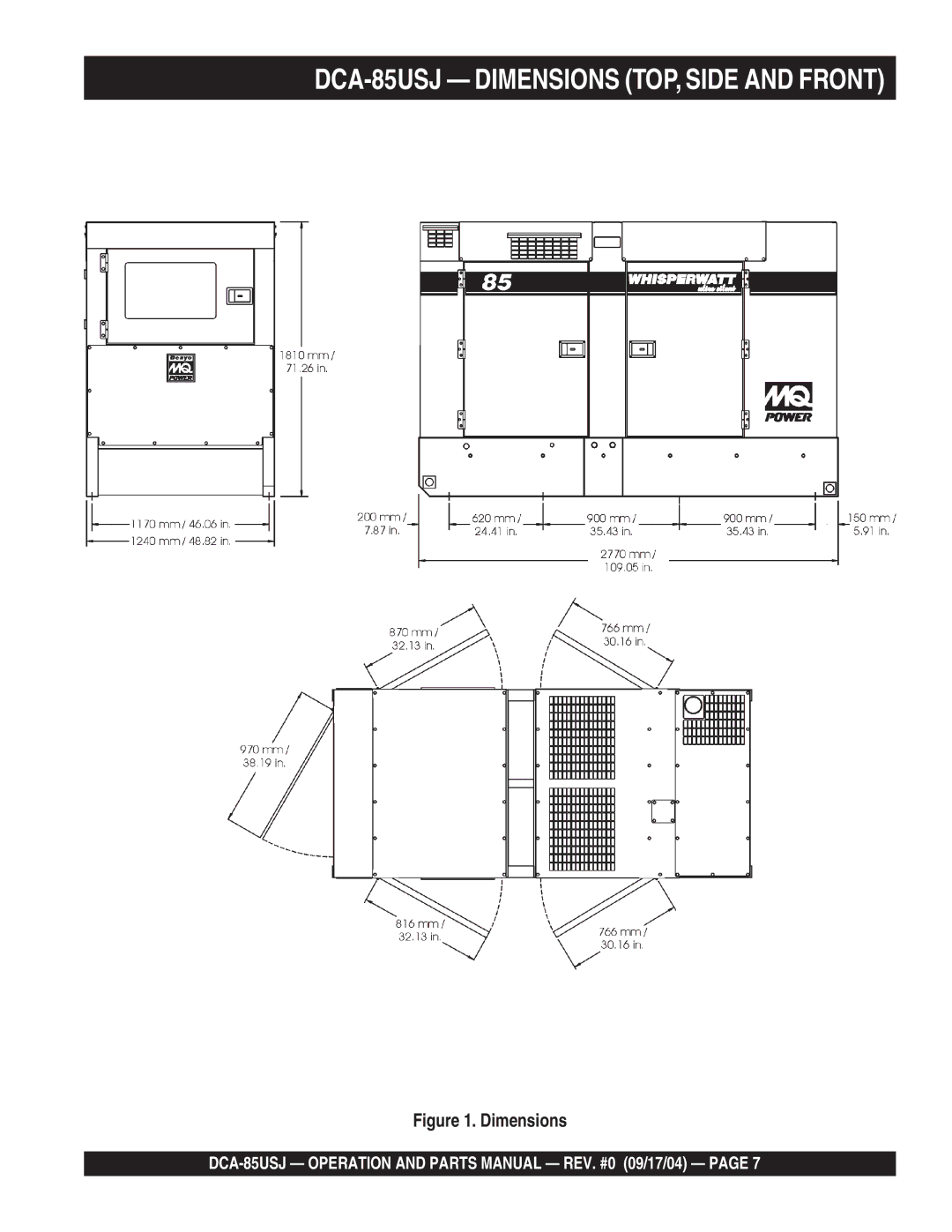 Multiquip operation manual DCA-85USJ Dimensions TOP, Side and Front 