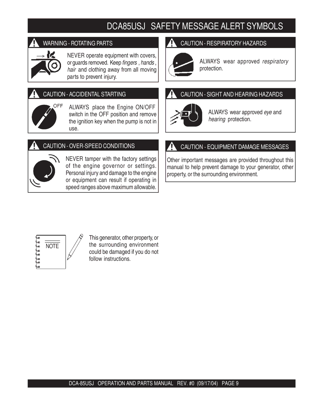 Multiquip DCA-85USJ operation manual DCA85USJ Safety Message Alert Symbols, This generator, other property, or 