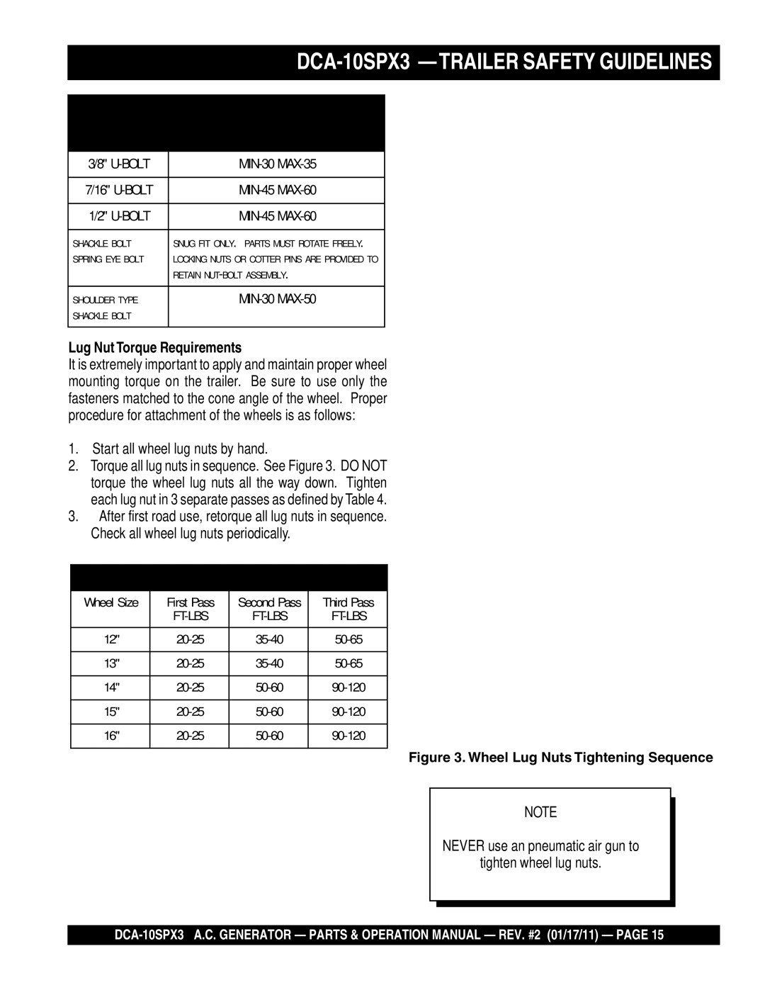 Multiquip DCA10SPX3 manual DCA-10SPX3 -TRAILER Safety Guidelines, Lug Nut Torque Requirements 