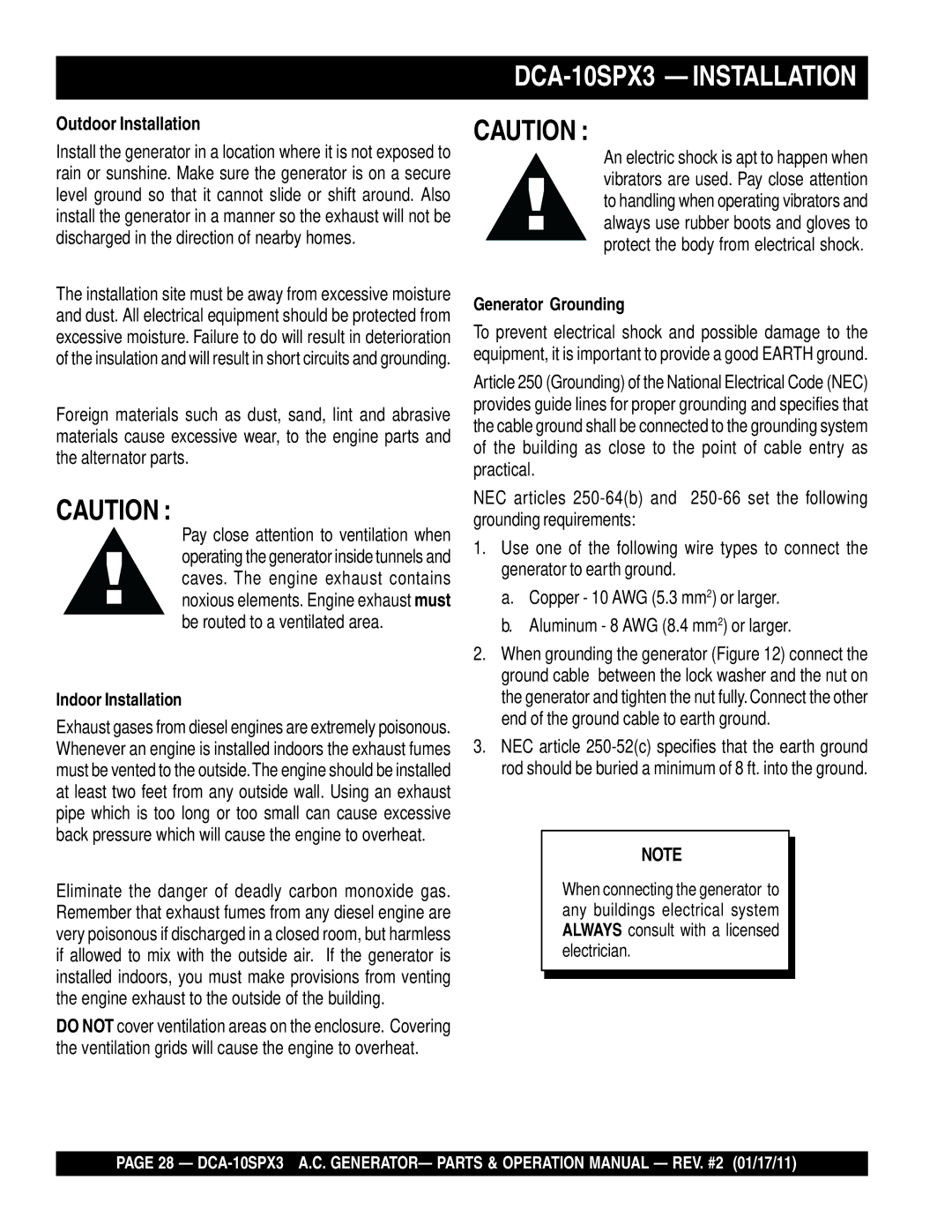 Multiquip DCA10SPX3 manual DCA-10SPX3 Installation, Outdoor Installation 