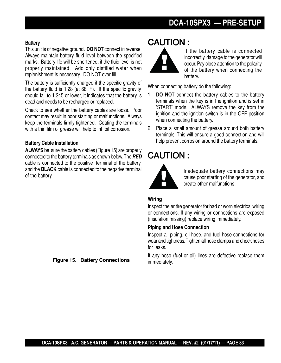 Multiquip DCA10SPX3 manual Battery Cable Installation, Wiring, Piping and Hose Connection 