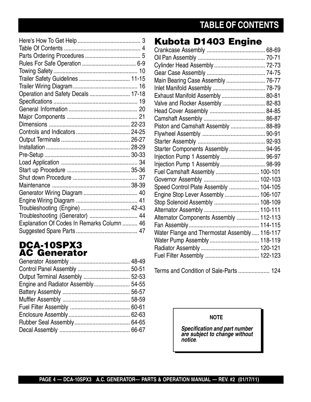 Multiquip DCA10SPX3 manual Table of Contents 