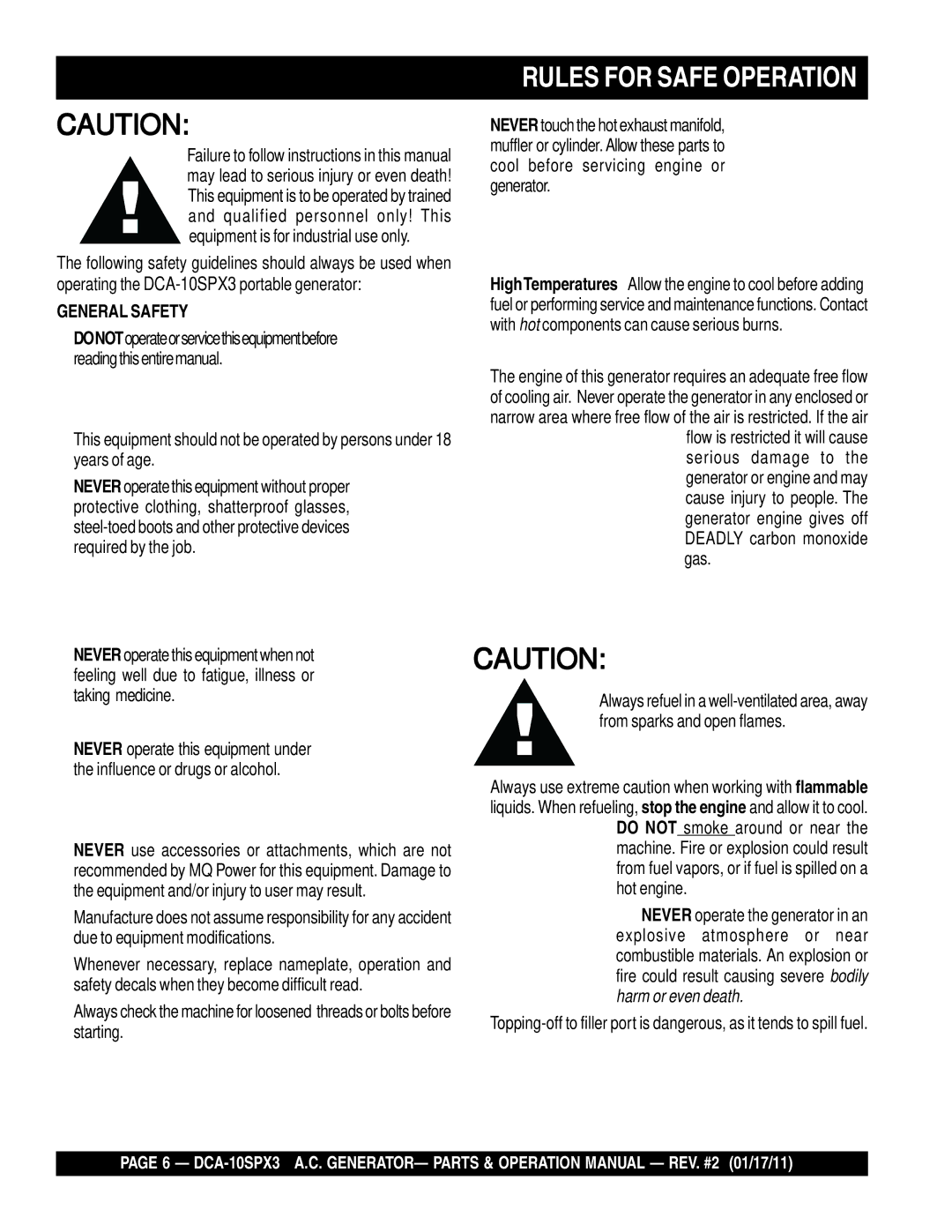 Multiquip DCA10SPX3 manual Rules for Safe Operation, General Safety 