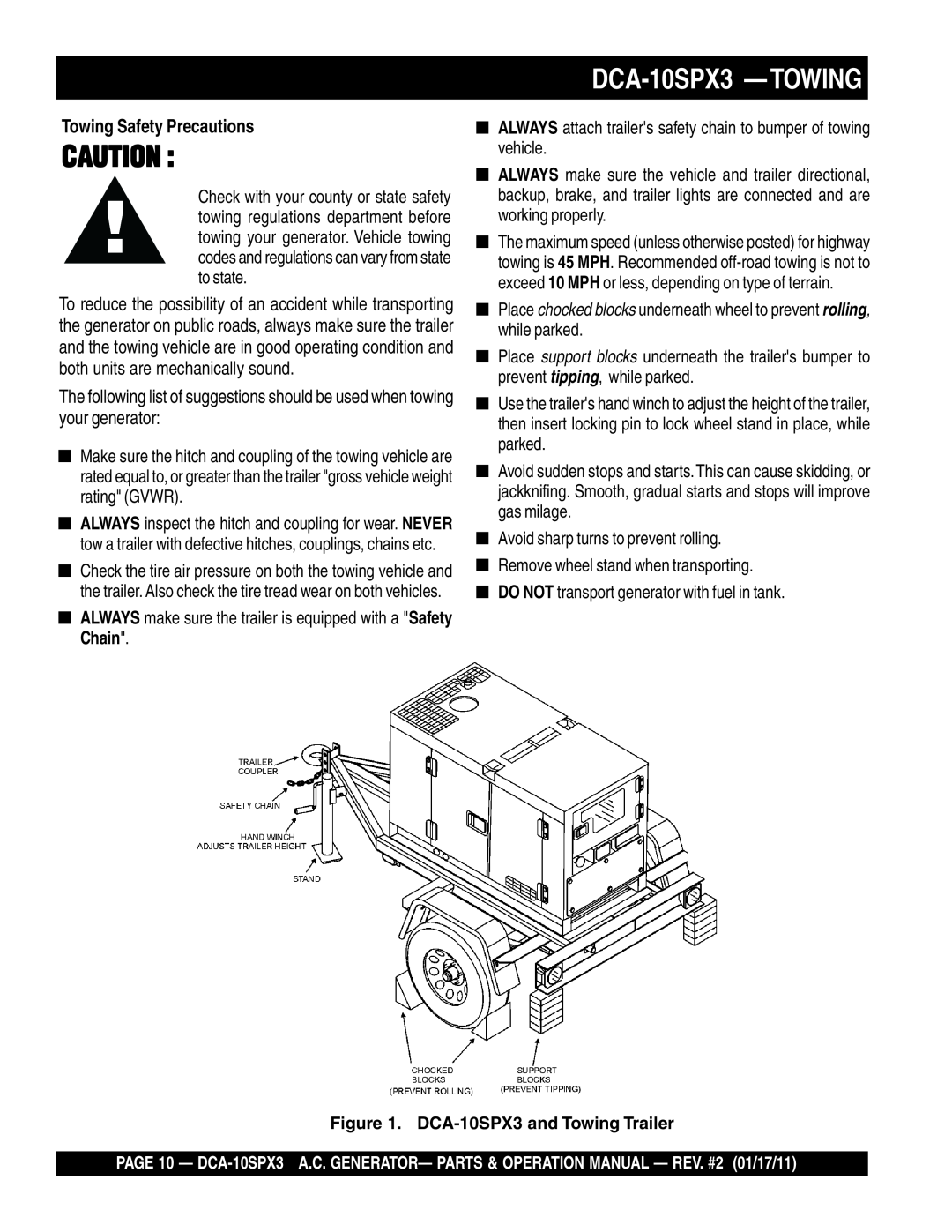 Multiquip DCA10SPX3 manual DCA-10SPX3 - TOWING, Towing Safety Precautions, DCA-10SPX3 and Towing Trailer 