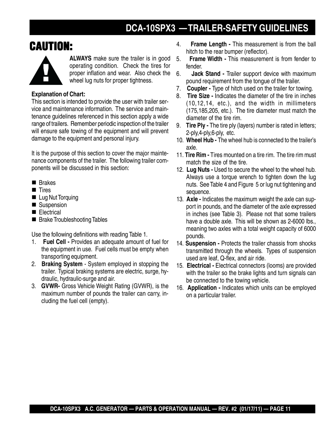 Multiquip DCA10SPX3 manual DCA-10SPX3 -TRAILER-SAFETY GUIDELINES, Explanation of Chart 