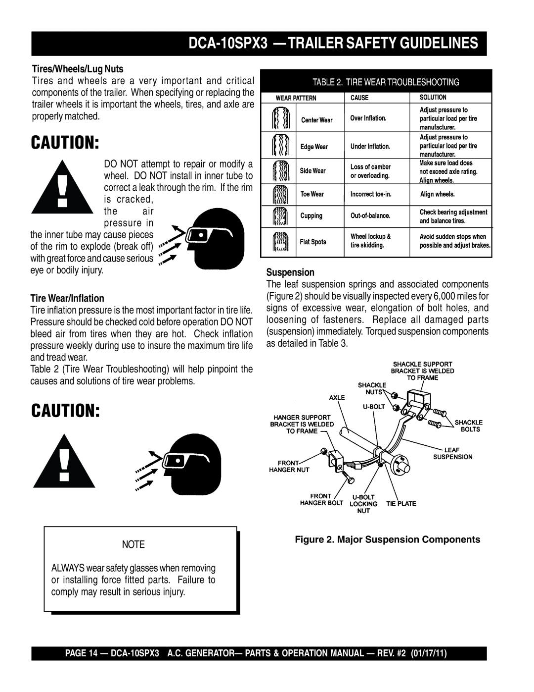 Multiquip DCA10SPX3 manual DCA-10SPX3 -TRAILER SAFETY GUIDELINES, Tires/Wheels/Lug Nuts, Tire Wear/Inflation, Suspension 