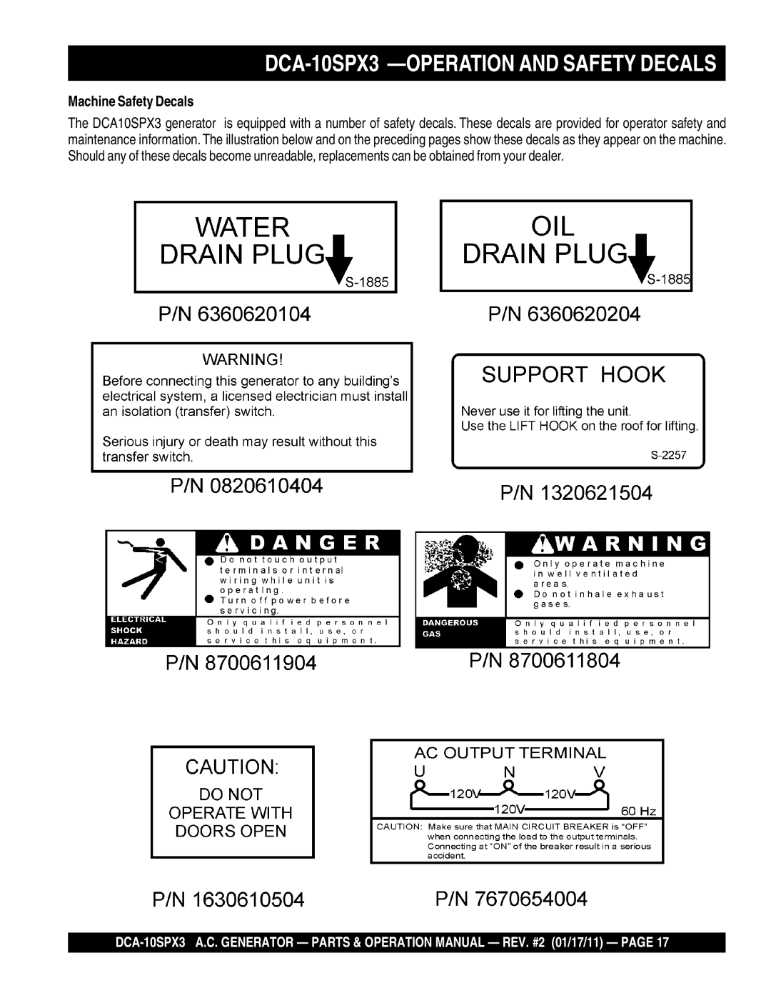 Multiquip DCA10SPX3 manual DCA-10SPX3 -OPERATION AND SAFETY DECALS, Machine Safety Decals 
