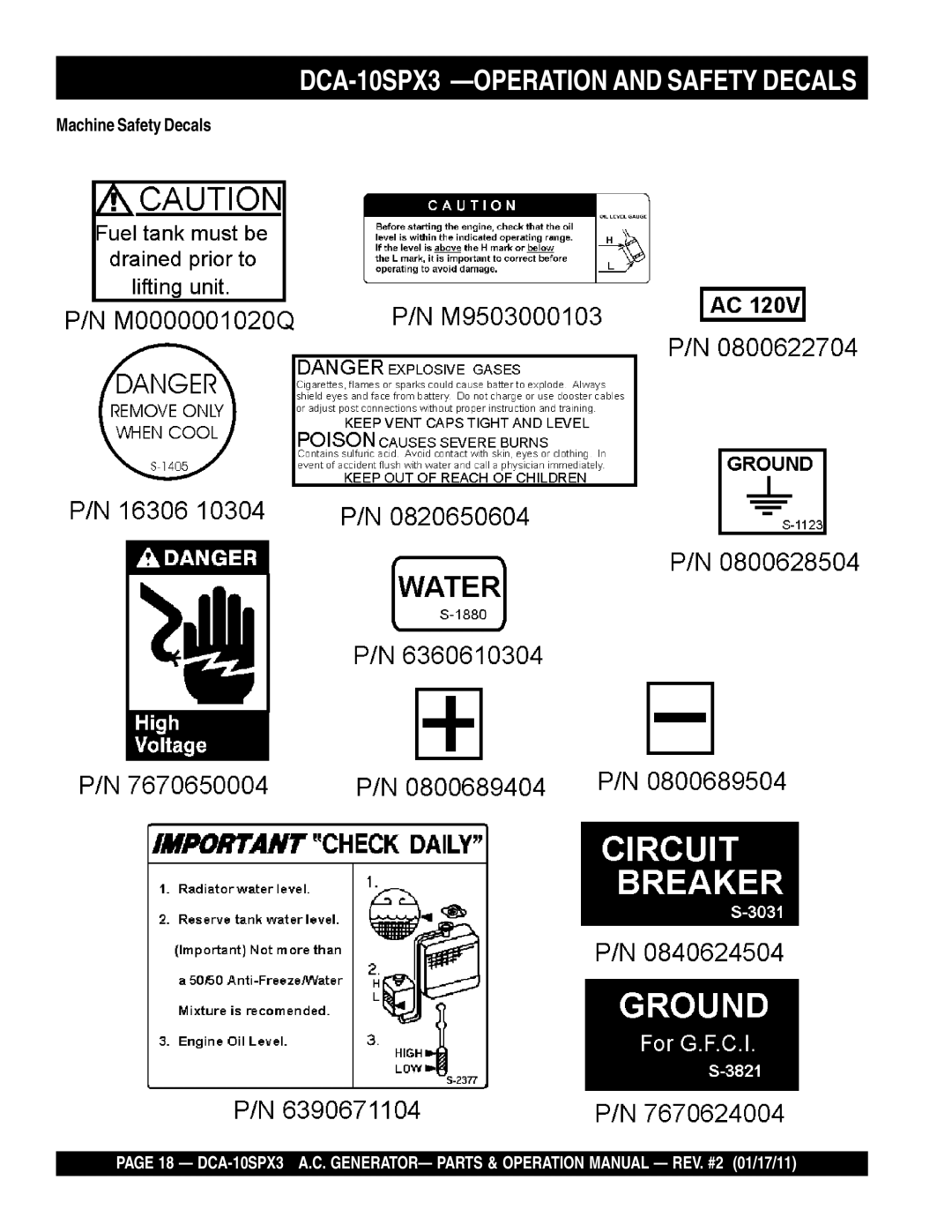Multiquip DCA10SPX3 manual DCA-10SPX3 -OPERATION AND SAFETY DECALS, Machine Safety Decals 