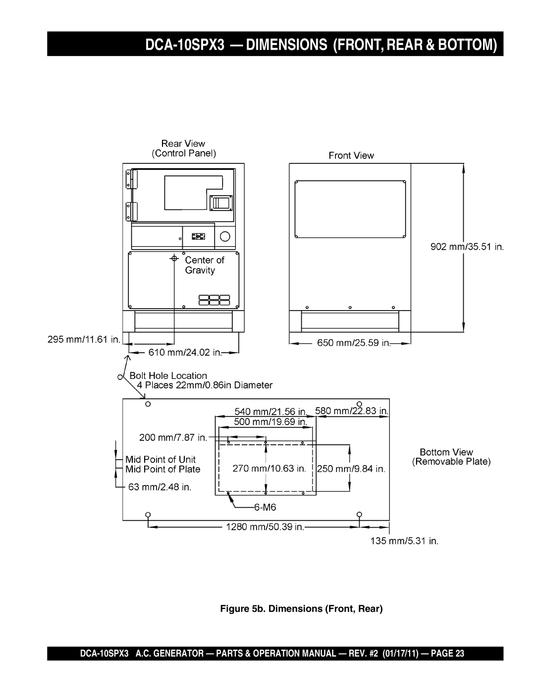 Multiquip DCA10SPX3 manual DCA-10SPX3 - DIMENSIONS FRONT, REAR & BOTTOM, b. Dimensions Front, Rear 