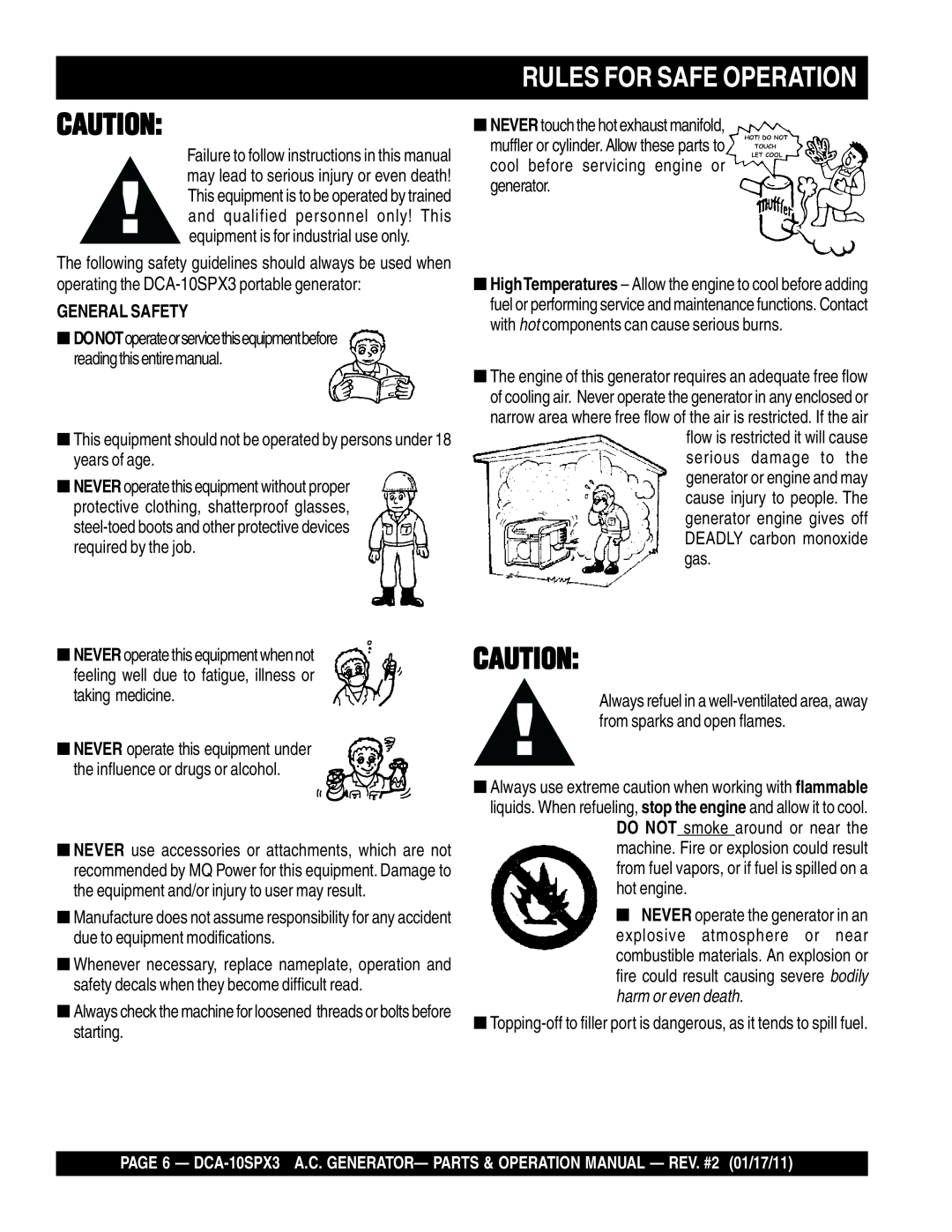 Multiquip DCA10SPX3 manual Rules For Safe Operation, General Safety 
