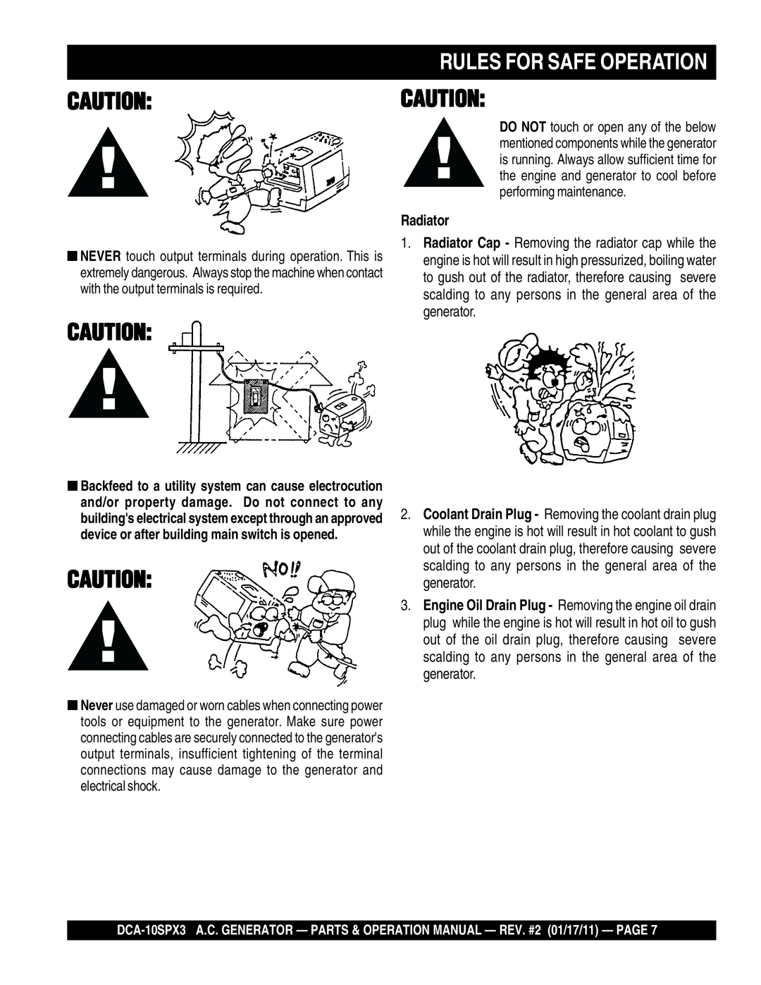 Multiquip DCA10SPX3 manual Cautioncaution, Rules For Safe Operation, Radiator 