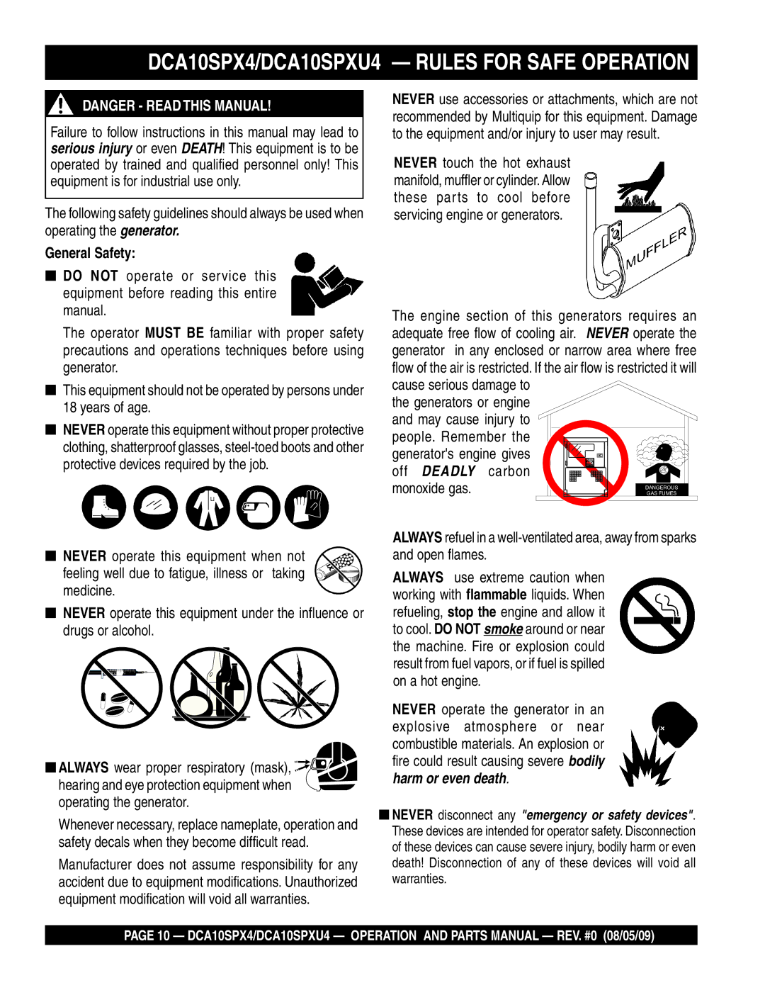 Multiquip operation manual DCA10SPX4/DCA10SPXU4 Rules for Safe Operation, General Safety, Off Deadly carbon Monoxide gas 