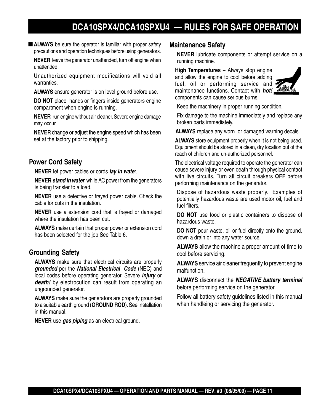 Multiquip operation manual DCA10SPX4/DCA10SPXU4 Rules for Safe Operation, Malfunction 