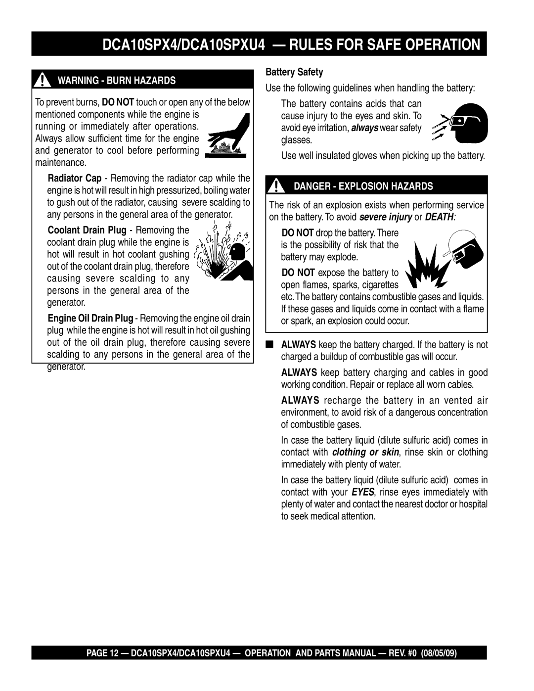 Multiquip DCA10SPX4, DCA10SPXU4 operation manual Battery Safety 