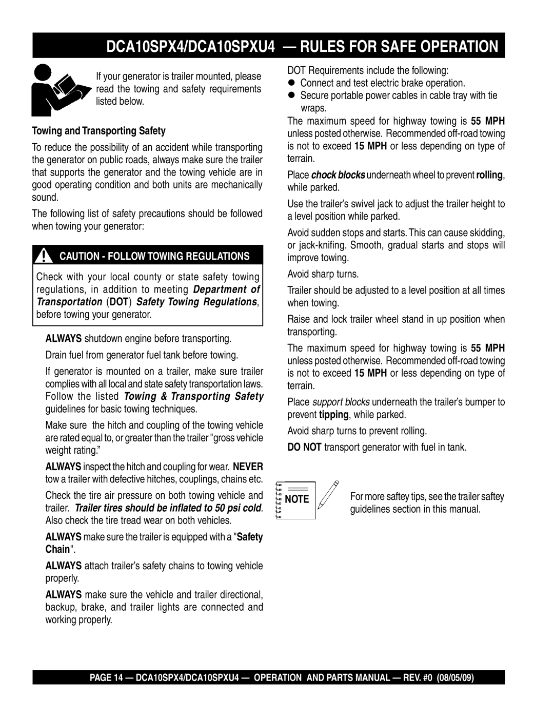 Multiquip DCA10SPX4, DCA10SPXU4 operation manual Towing and Transporting Safety, Guidelines section in this manual 